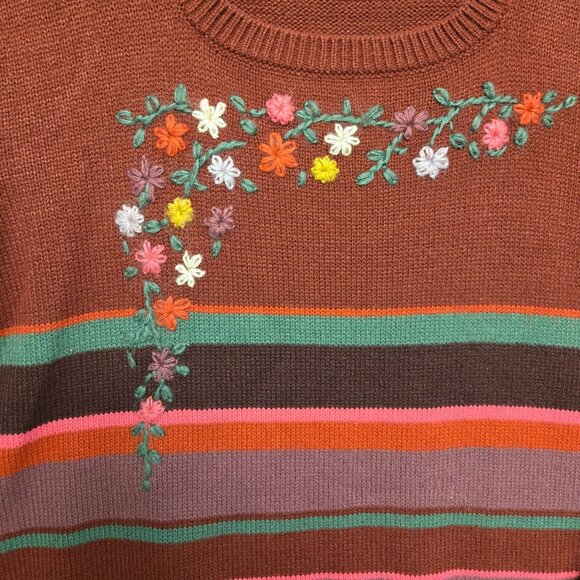 Vintage XL Embroidered Floral Striped Sweater Cozy Artsy Quirky Burgundy - Picture 3 of 7